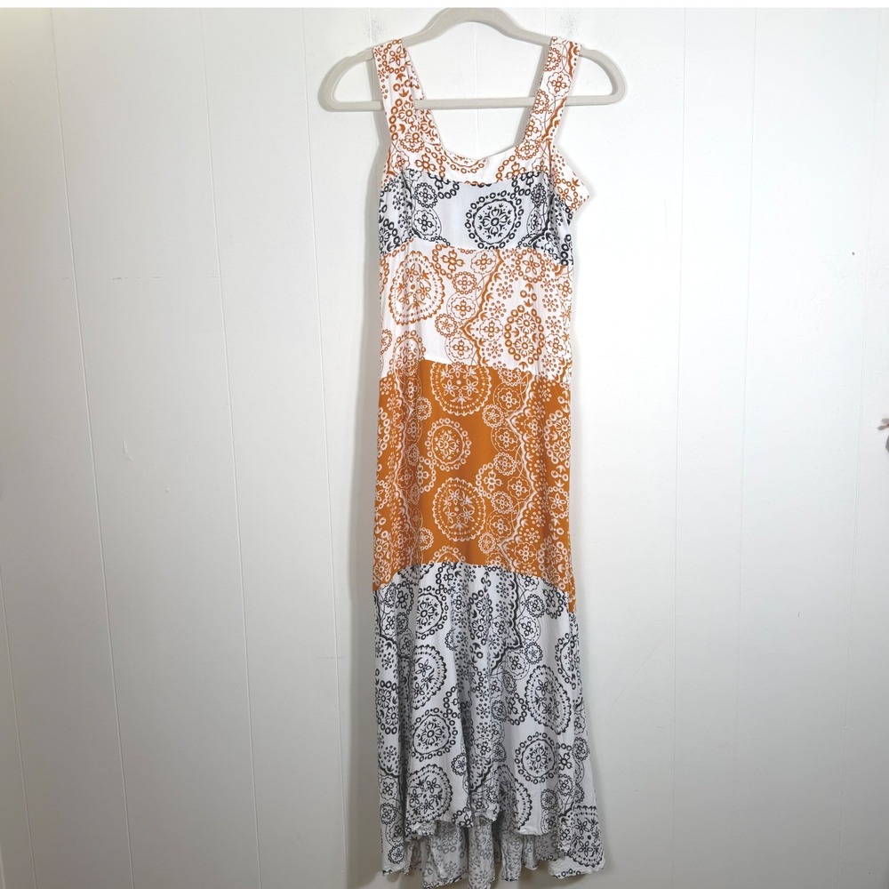 1.STATE Beach Orange Black White Medallion Print Maxi Dress Smocked Womens Small